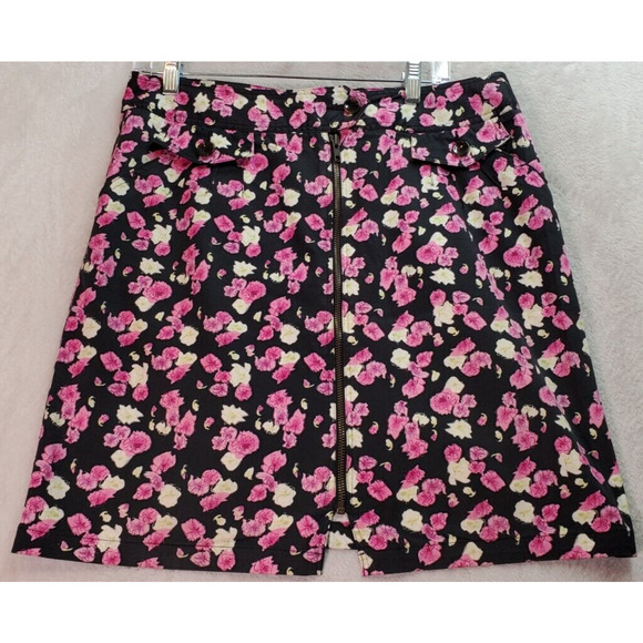 Nicole Miller A Line Skirt Womens Size 12 Black Floral Cotton‎ Pockets Zip Front - Picture 1 of 6